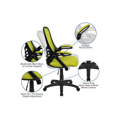 BLNK Porter High-Back Mesh Ergonomic Swivel Office Chair with Black Frame and Flip-up Arms - Green