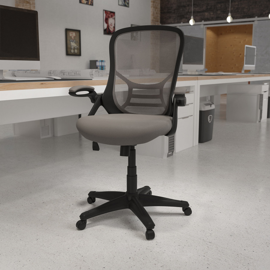 BLNK Porter High-Back Mesh Ergonomic Swivel Office Chair with Black Frame and Flip-up Arms - Light Gray