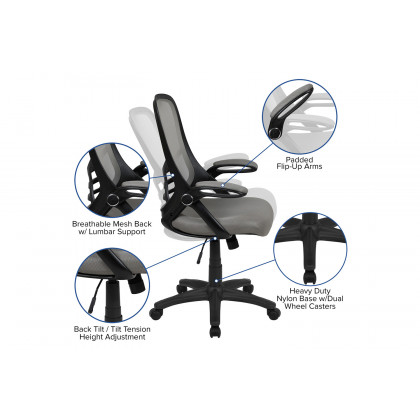 BLNK Porter High-Back Mesh Ergonomic Swivel Office Chair with Black Frame and Flip-up Arms - Light Gray