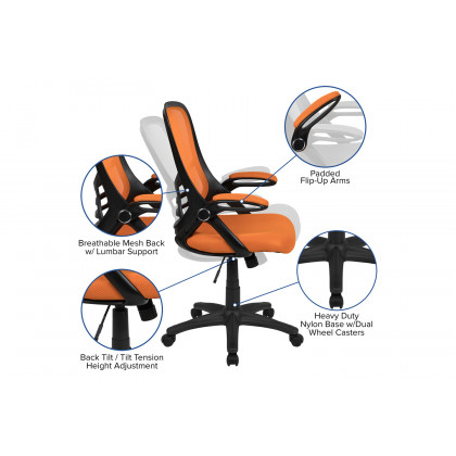 BLNK Porter High-Back Mesh Ergonomic Swivel Office Chair with Black Frame and Flip-up Arms - Orange