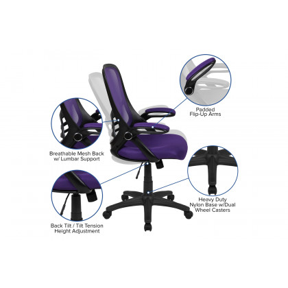 BLNK Porter High-Back Mesh Ergonomic Swivel Office Chair with Black Frame and Flip-up Arms - Purple