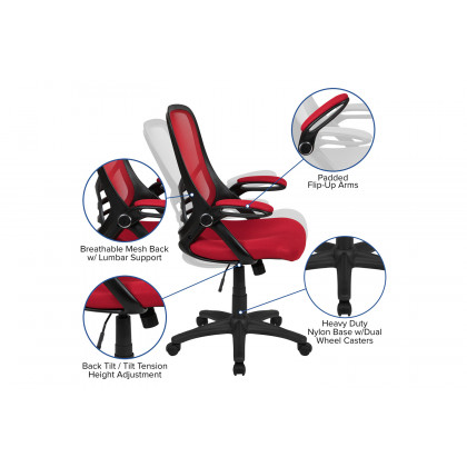 BLNK Porter High-Back Mesh Ergonomic Swivel Office Chair with Black Frame and Flip-up Arms - Red