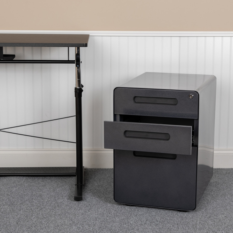 BLNK Wren Ergonomic 3-Drawer Mobile Locking Filing Cabinet with Anti-Tilt Mechanism and Letter-Legal Drawer - Black
