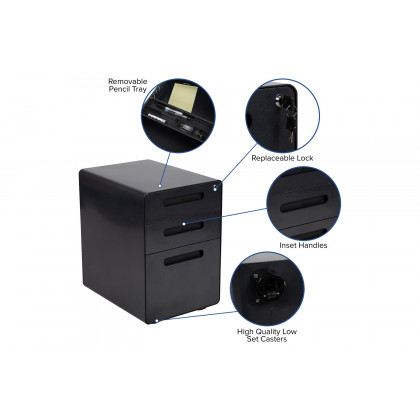 BLNK Wren Ergonomic 3-Drawer Mobile Locking Filing Cabinet with Anti-Tilt Mechanism and Letter-Legal Drawer - Black