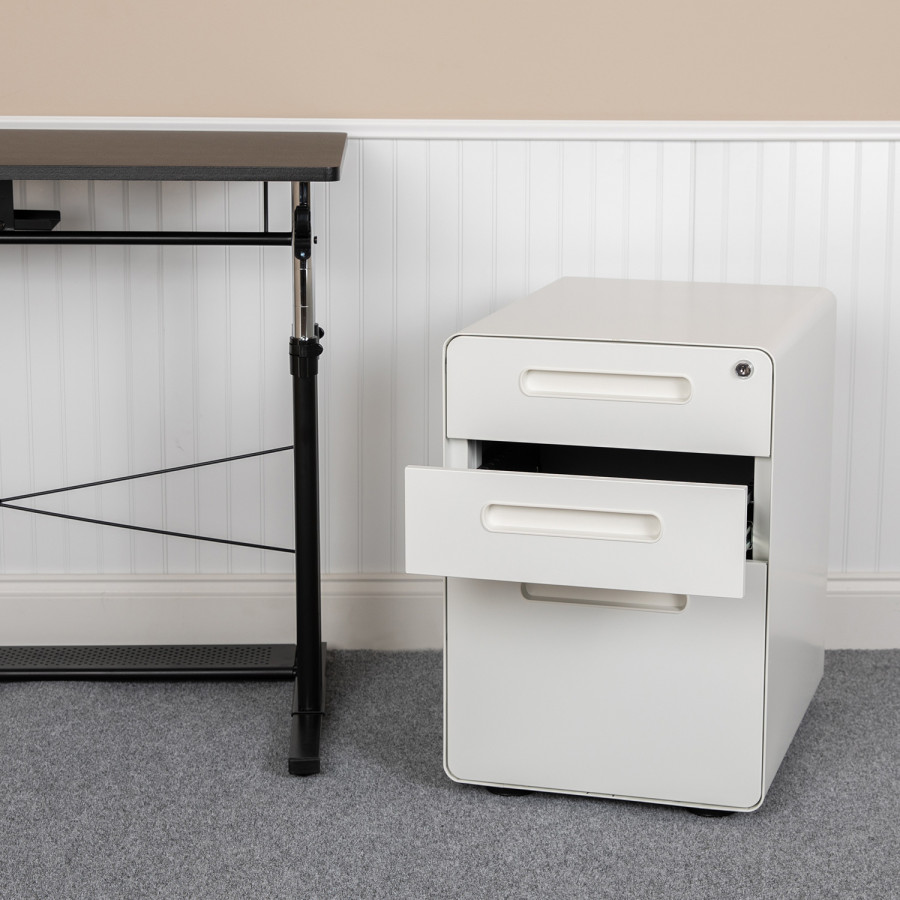 BLNK Wren Ergonomic 3-Drawer Mobile Locking Filing Cabinet with Anti-Tilt Mechanism and Letter-Legal Drawer - White