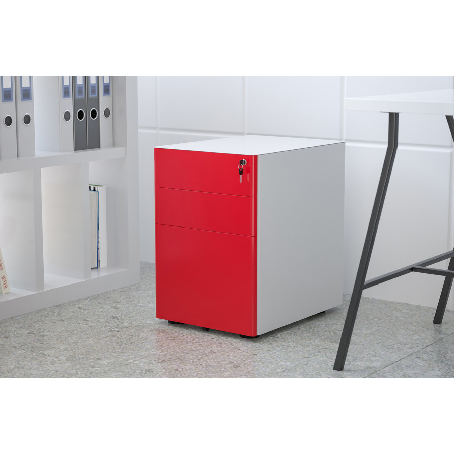 BLNK Warner 3-Drawer Mobile Locking Filing Cabinet with Anti-Tilt Mechanism and Letter-Legal Drawer - White/Red