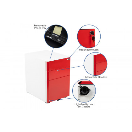 BLNK Warner 3-Drawer Mobile Locking Filing Cabinet with Anti-Tilt Mechanism and Letter-Legal Drawer - White/Red