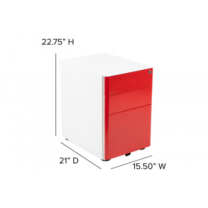 BLNK Warner 3-Drawer Mobile Locking Filing Cabinet with Anti-Tilt Mechanism and Letter-Legal Drawer - White/Red