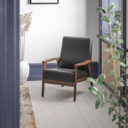 BLNK - Langston Commercial LeatherSoft Upholstered Mid Century Modern Arm Chair with Walnut Finished Wooden Frame and Arms