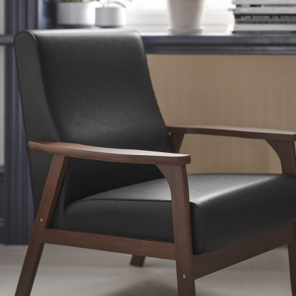 BLNK Langston Commercial LeatherSoft Upholstered Mid Century Modern Arm Chair with Walnut Finished Wooden Frame and Arms - Black