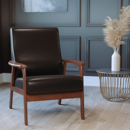 BLNK Langston Commercial LeatherSoft Upholstered Mid Century Modern Arm Chair with Walnut Finished Wooden Frame and Arms - Black