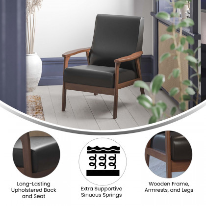 BLNK Langston Commercial LeatherSoft Upholstered Mid Century Modern Arm Chair with Walnut Finished Wooden Frame and Arms - Black