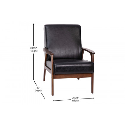BLNK Langston Commercial LeatherSoft Upholstered Mid Century Modern Arm Chair with Walnut Finished Wooden Frame and Arms - Black