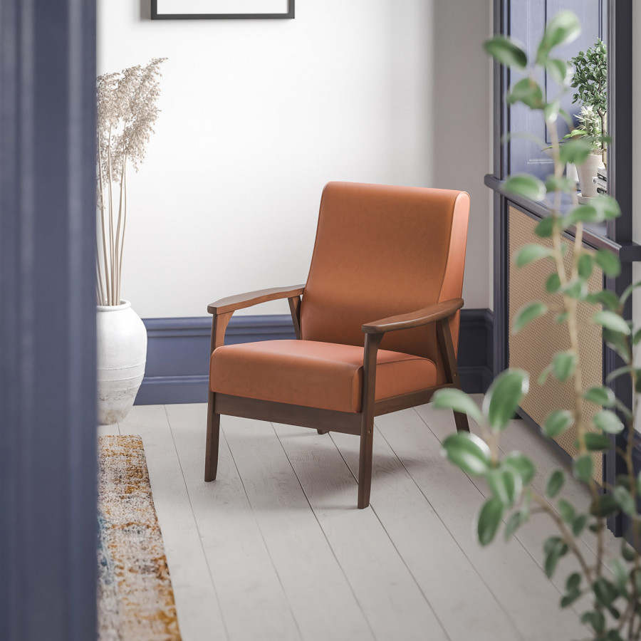 BLNK - Langston Commercial LeatherSoft Upholstered Mid Century Modern Arm Chair with Walnut Finished Wooden Frame and Arms