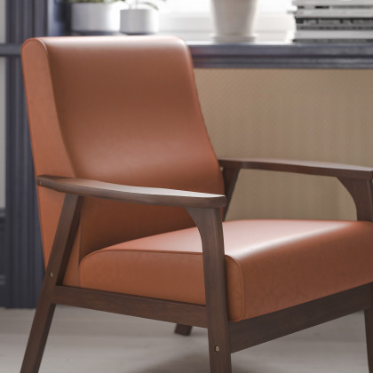 BLNK - Langston Commercial LeatherSoft Upholstered Mid Century Modern Arm Chair with Walnut Finished Wooden Frame and Arms