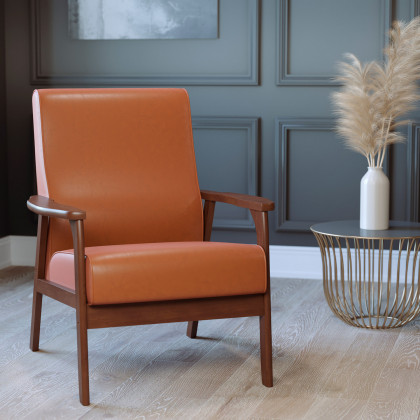 BLNK Langston Commercial LeatherSoft Upholstered Mid Century Modern Arm Chair with Walnut Finished Wooden Frame and Arms - Cognac