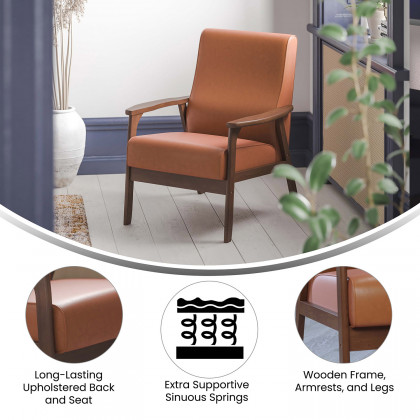 BLNK Langston Commercial LeatherSoft Upholstered Mid Century Modern Arm Chair with Walnut Finished Wooden Frame and Arms - Cognac
