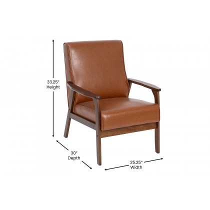 BLNK Langston Commercial LeatherSoft Upholstered Mid Century Modern Arm Chair with Walnut Finished Wooden Frame and Arms - Cognac