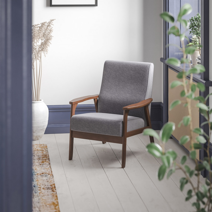 BLNK - Langston Commercial Faux Linen Upholstered Mid Century Modern Arm Chair with Walnut Finished Wooden Frame and Arms