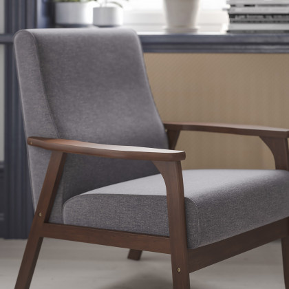 BLNK - Langston Commercial Faux Linen Upholstered Mid Century Modern Arm Chair with Walnut Finished Wooden Frame and Arms