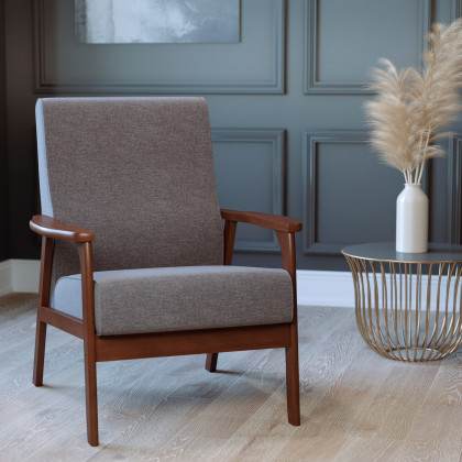 BLNK - Langston Commercial Faux Linen Upholstered Mid Century Modern Arm Chair with Walnut Finished Wooden Frame and Arms