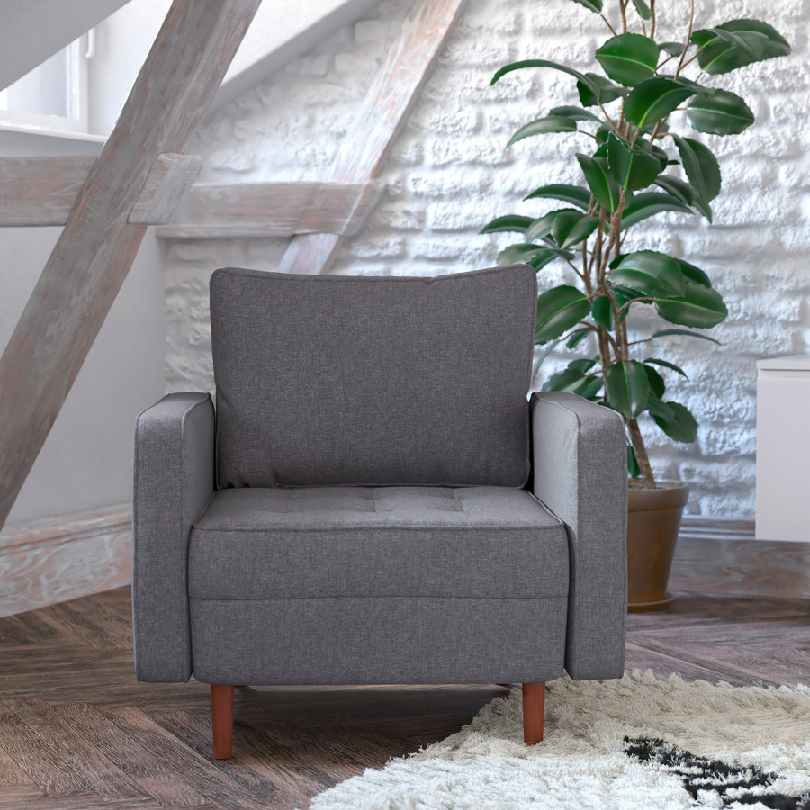 BLNK - Hudson Commercial Mid-Century Modern Arm Chair with Tufted Faux Linen Upholstery and Solid Wood Legs