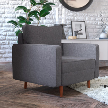 BLNK Hudson Commercial Mid-Century Modern Arm Chair with Tufted Faux Linen Upholstery and Solid Wood Legs - Dark Gray