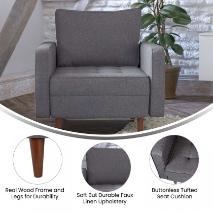 BLNK Hudson Commercial Mid-Century Modern Arm Chair with Tufted Faux Linen Upholstery and Solid Wood Legs - Dark Gray