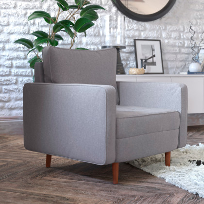 BLNK Hudson Commercial Mid-Century Modern Arm Chair with Tufted Faux Linen Upholstery and Solid Wood Legs - Slate Gray