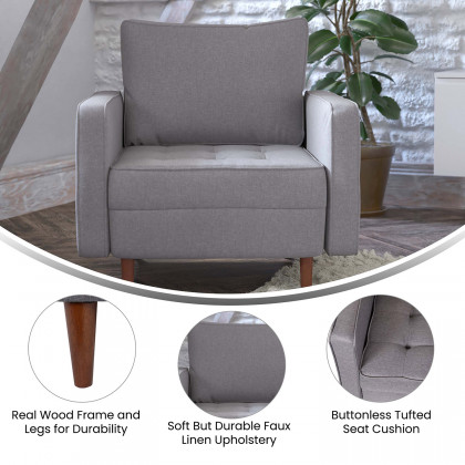 BLNK Hudson Commercial Mid-Century Modern Arm Chair with Tufted Faux Linen Upholstery and Solid Wood Legs - Slate Gray