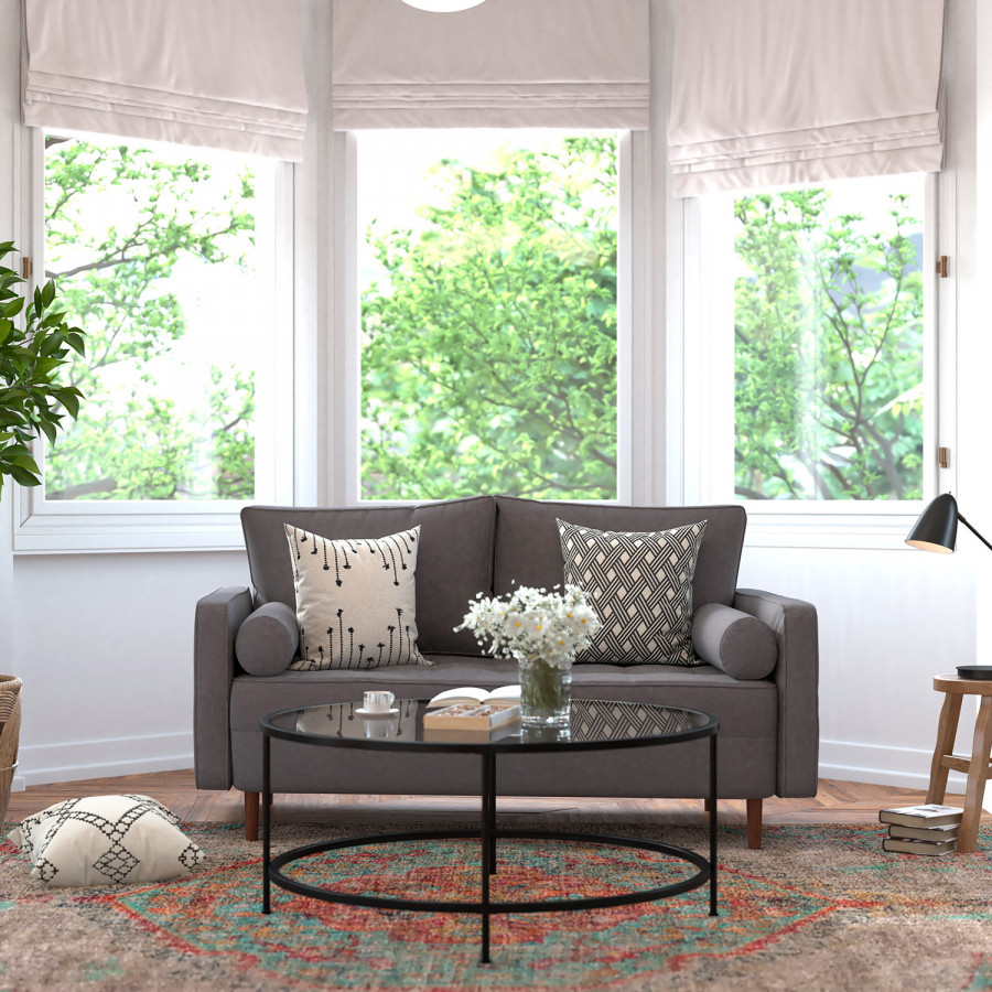 BLNK - Hudson Mid-Century Modern Loveseat Sofa with Tufted Faux Linen Upholstery and Solid Wood Legs