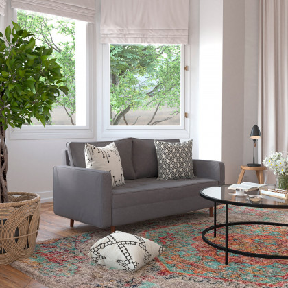 BLNK Hudson Mid-Century Modern Loveseat Sofa with Tufted Faux Linen Upholstery and Solid Wood Legs - Slate Gray