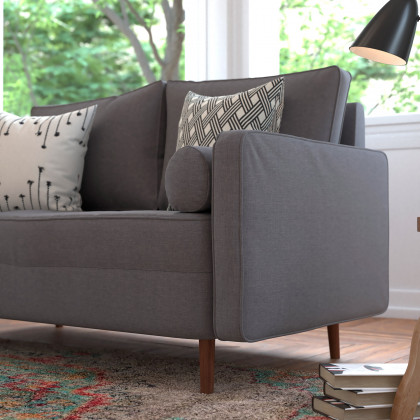 BLNK Hudson Mid-Century Modern Loveseat Sofa with Tufted Faux Linen Upholstery and Solid Wood Legs - Slate Gray