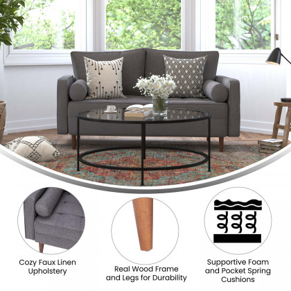 BLNK Hudson Mid-Century Modern Loveseat Sofa with Tufted Faux Linen Upholstery and Solid Wood Legs - Slate Gray
