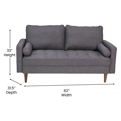 BLNK Hudson Mid-Century Modern Loveseat Sofa with Tufted Faux Linen Upholstery and Solid Wood Legs - Slate Gray