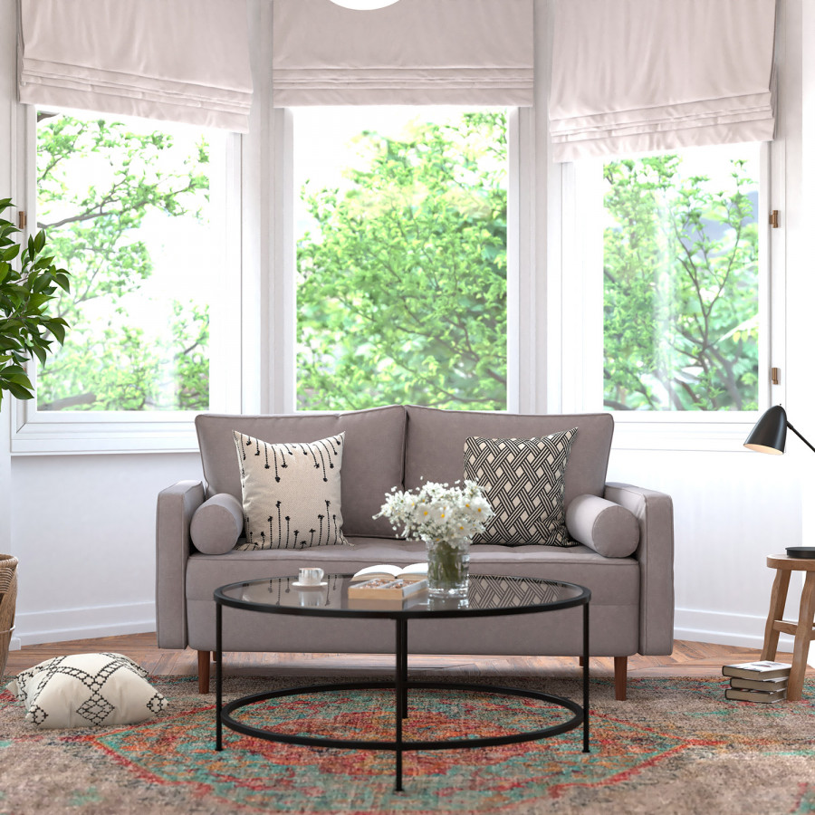 BLNK Hudson Mid-Century Modern Loveseat Sofa with Tufted Faux Linen Upholstery and Solid Wood Legs - Light Gray