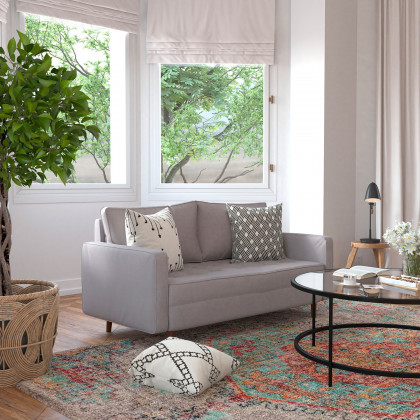 BLNK Hudson Mid-Century Modern Loveseat Sofa with Tufted Faux Linen Upholstery and Solid Wood Legs - Light Gray
