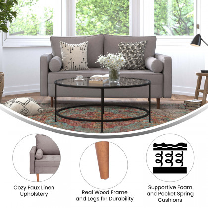 BLNK Hudson Mid-Century Modern Loveseat Sofa with Tufted Faux Linen Upholstery and Solid Wood Legs - Light Gray
