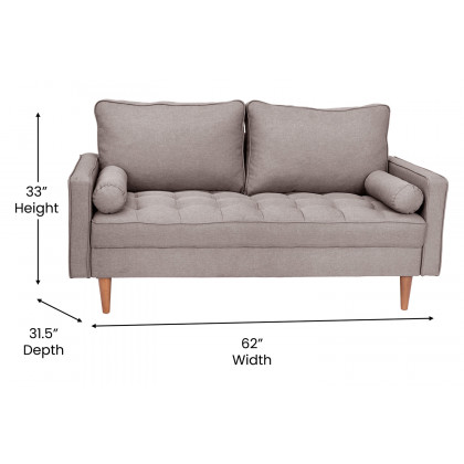 BLNK Hudson Mid-Century Modern Loveseat Sofa with Tufted Faux Linen Upholstery and Solid Wood Legs - Light Gray