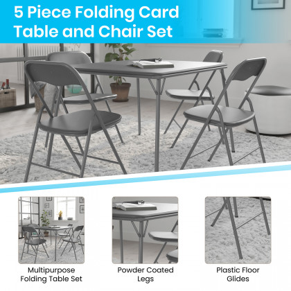 BLNK Madison Folding Card Table and Chair Set 5 Piece - Gray