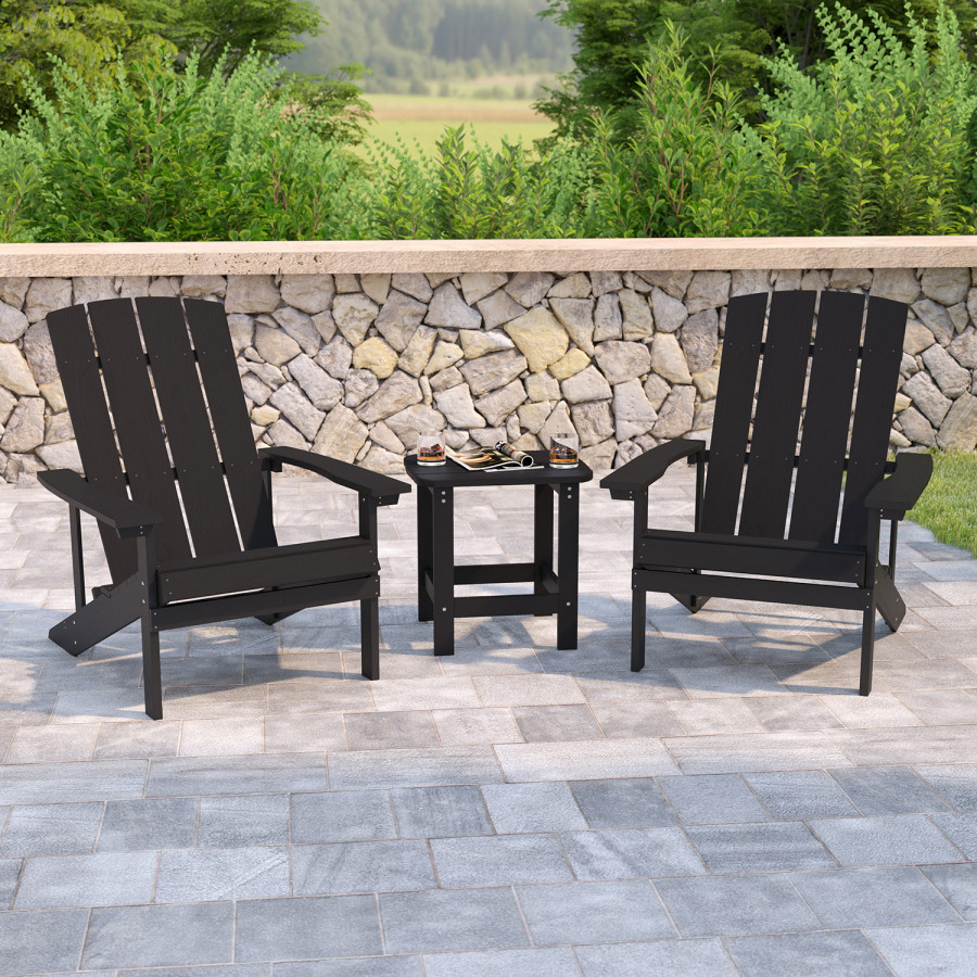 BLNK Charlestown Commercial All-Weather Poly Resin Wood Adirondack Chairs with Side Table 2 Pack - Black