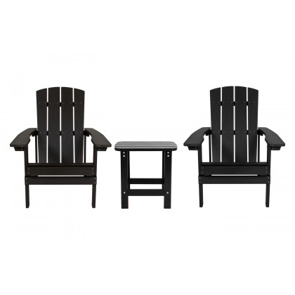 BLNK Charlestown Commercial All-Weather Poly Resin Wood Adirondack Chairs with Side Table 2 Pack - Black