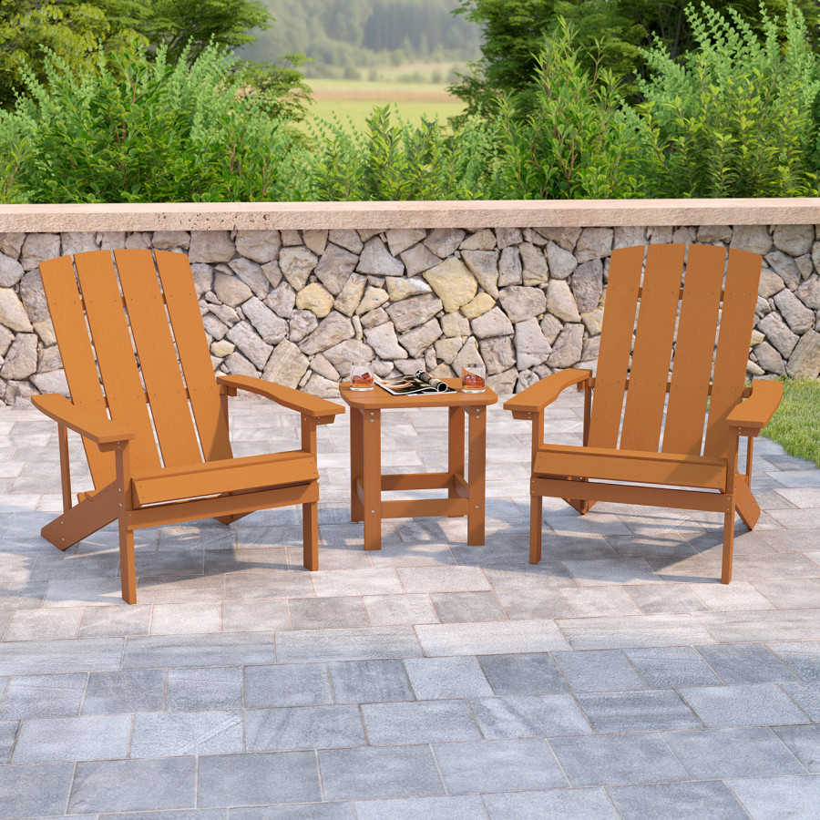 BLNK Charlestown Commercial All-Weather Poly Resin Wood Adirondack Chairs with Side Table 2 Pack - Teak