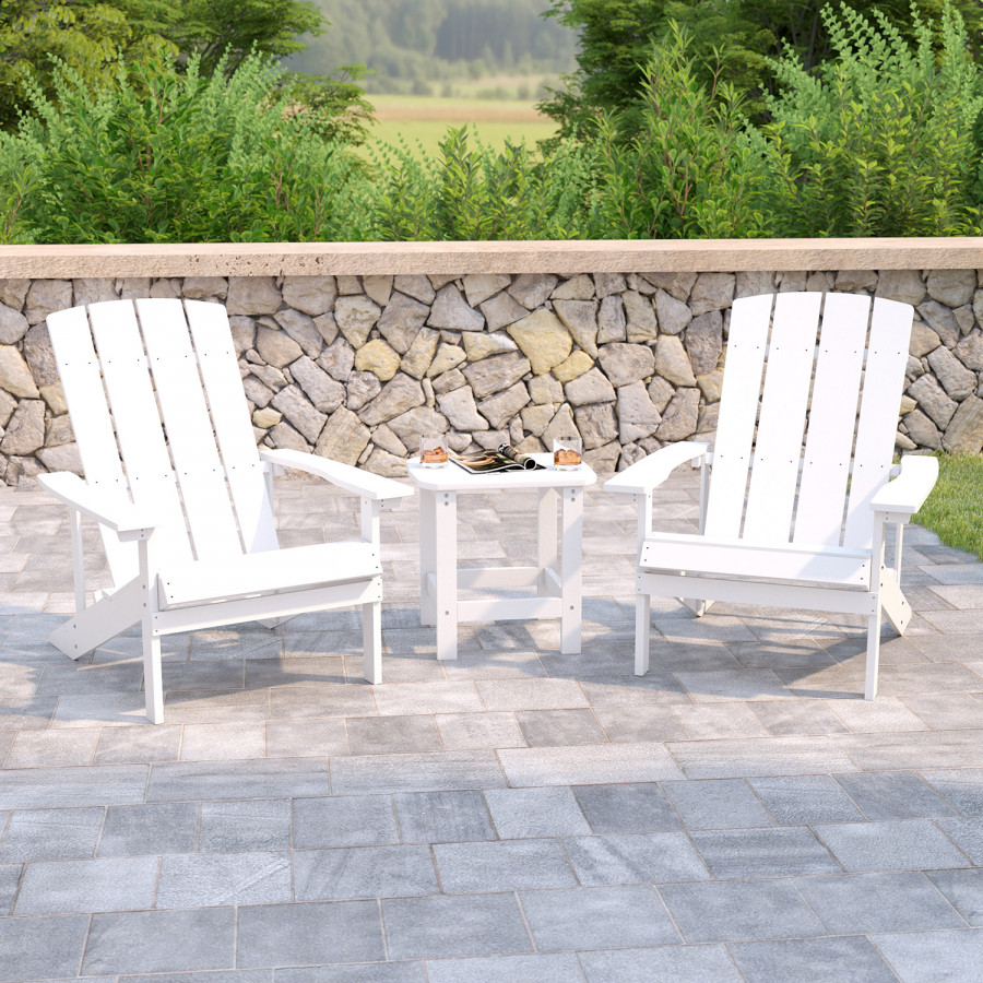 BLNK Charlestown Commercial All-Weather Poly Resin Wood Adirondack Chairs with Side Table 2 Pack - White