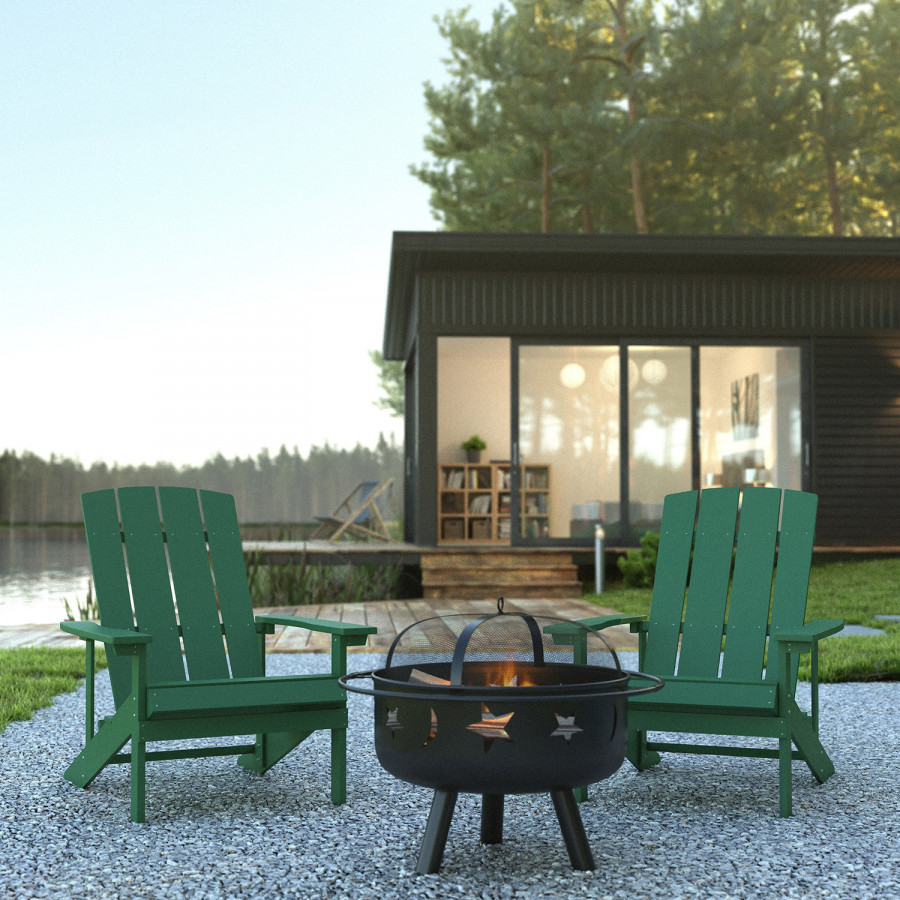 BLNK Charlestown Commercial Poly Resin Wood Adirondack Chair Set with Star and Moon Firepit with Mesh Cover 3 Piece - Green