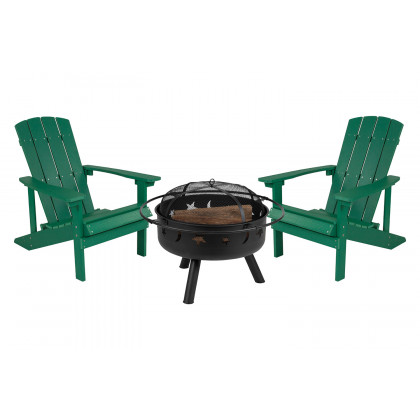 BLNK Charlestown Commercial Poly Resin Wood Adirondack Chair Set with Star and Moon Firepit with Mesh Cover 3 Piece - Green
