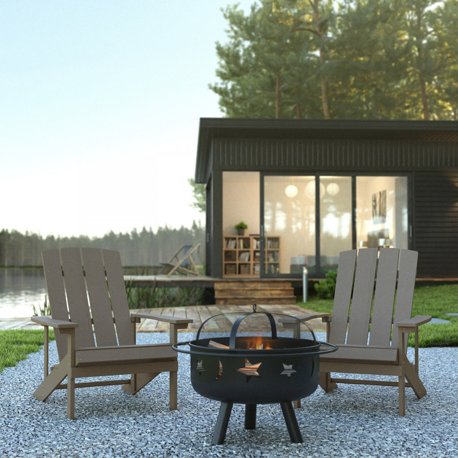 BLNK Charlestown Commercial Poly Resin Wood Adirondack Chair Set with Star and Moon Firepit with Mesh Cover 3 Piece - Gray