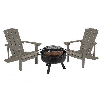 BLNK Charlestown Commercial Poly Resin Wood Adirondack Chair Set with Star and Moon Firepit with Mesh Cover 3 Piece - Gray
