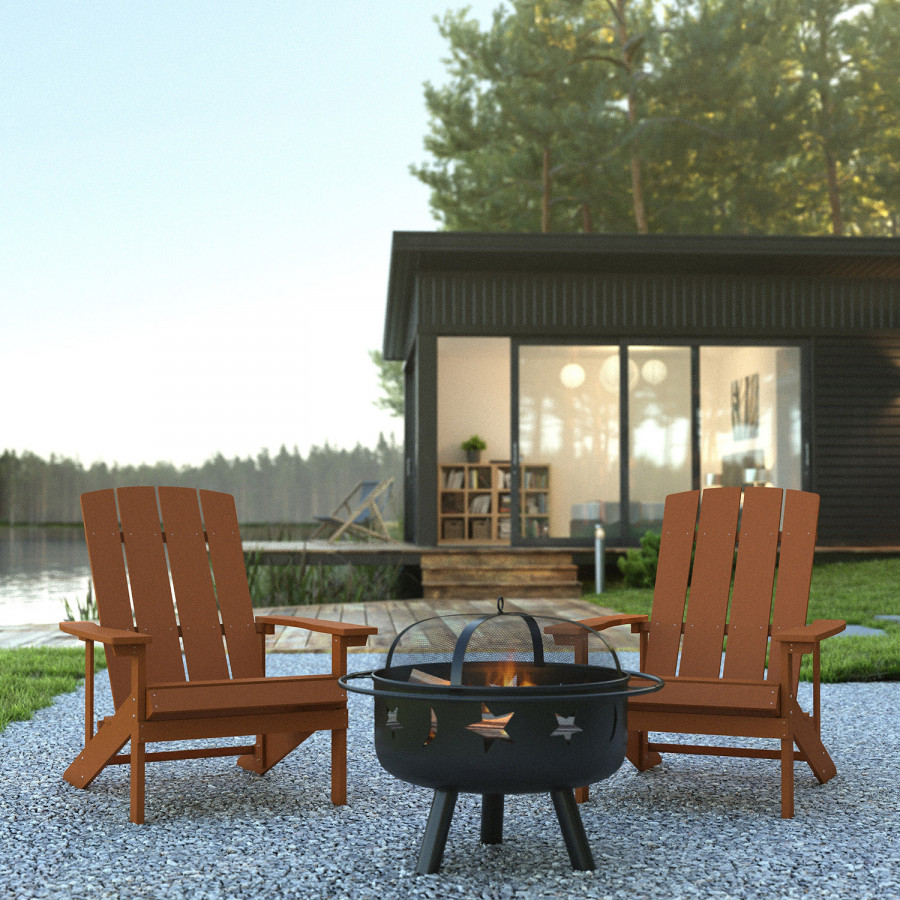BLNK Charlestown Commercial Poly Resin Wood Adirondack Chair Set with Star and Moon Firepit with Mesh Cover 3 Piece - Teak