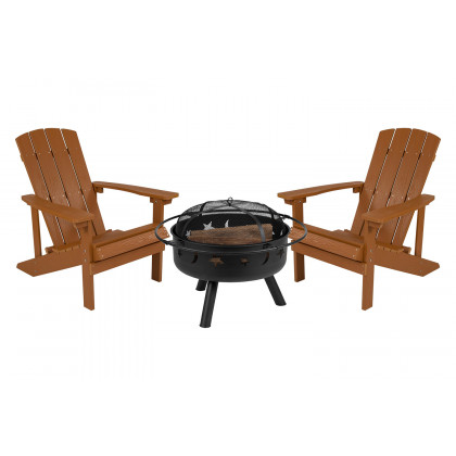 BLNK Charlestown Commercial Poly Resin Wood Adirondack Chair Set with Star and Moon Firepit with Mesh Cover 3 Piece - Teak